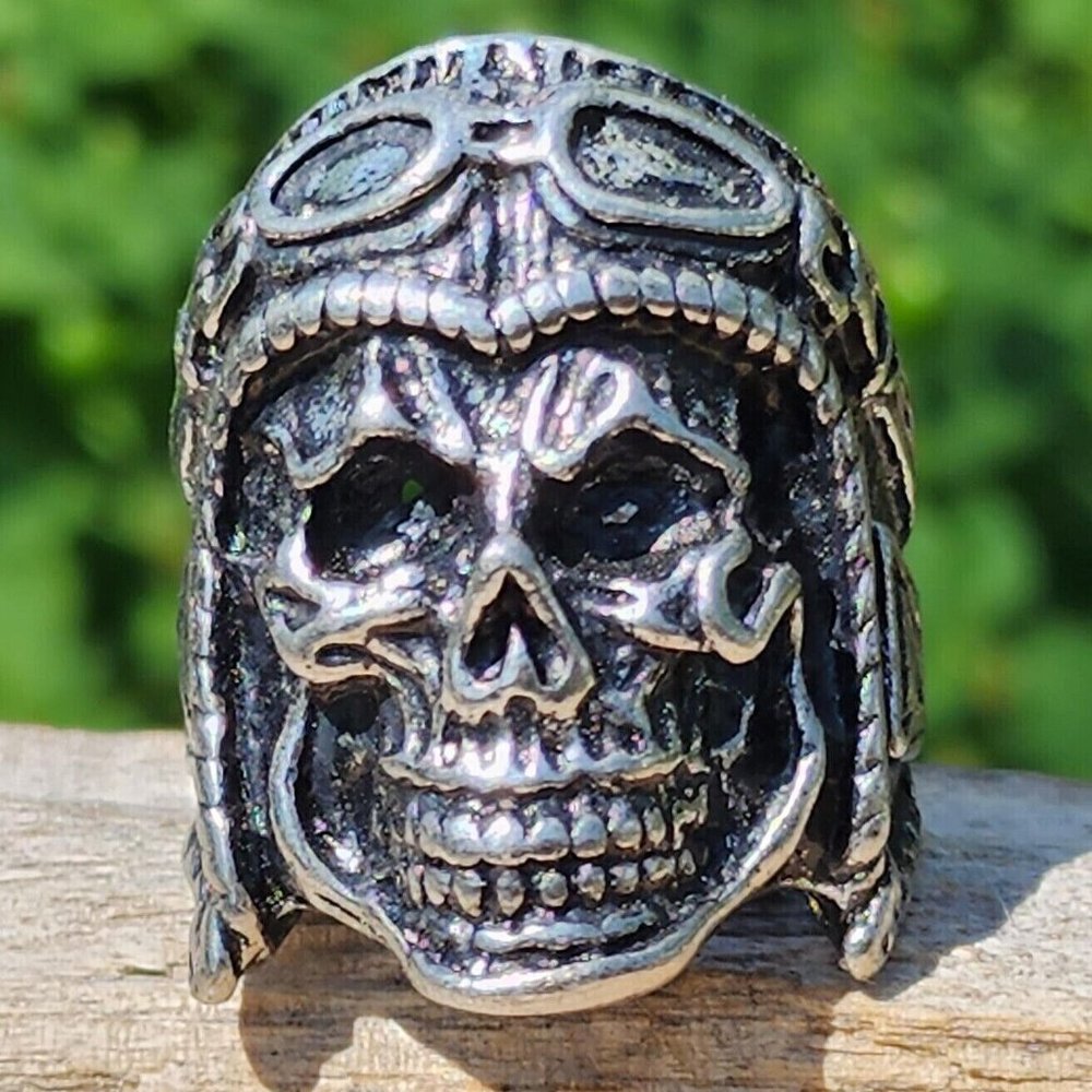 Badass Large Biker Gang Skull Silver Steel Ring - Size 10